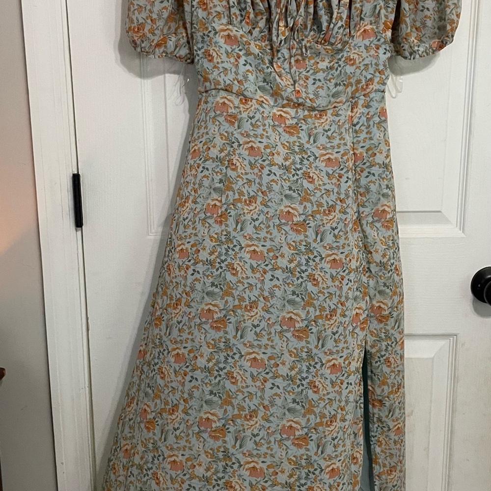Petal & Pup Orange Midi Dress with Puff Sleeves and Slit